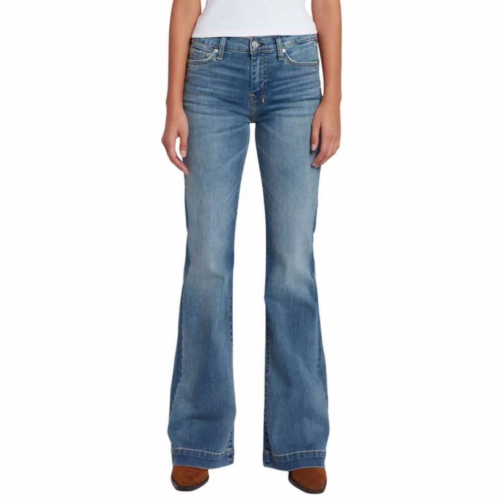 NEW 7 FOR ALL MANKIND dojo slim illusion mid rise flare jeans in distress authen